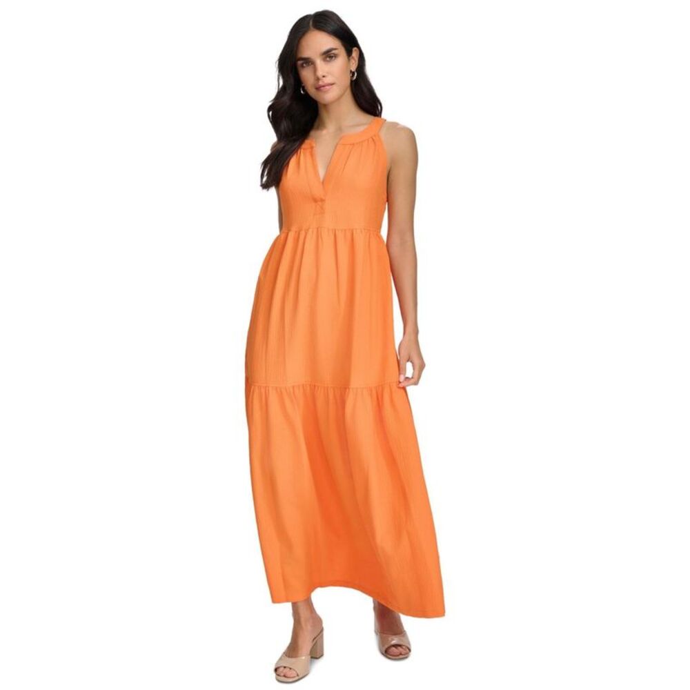 Calvin Klein Womens Textured Maxi Dress, Orange, 14, DM